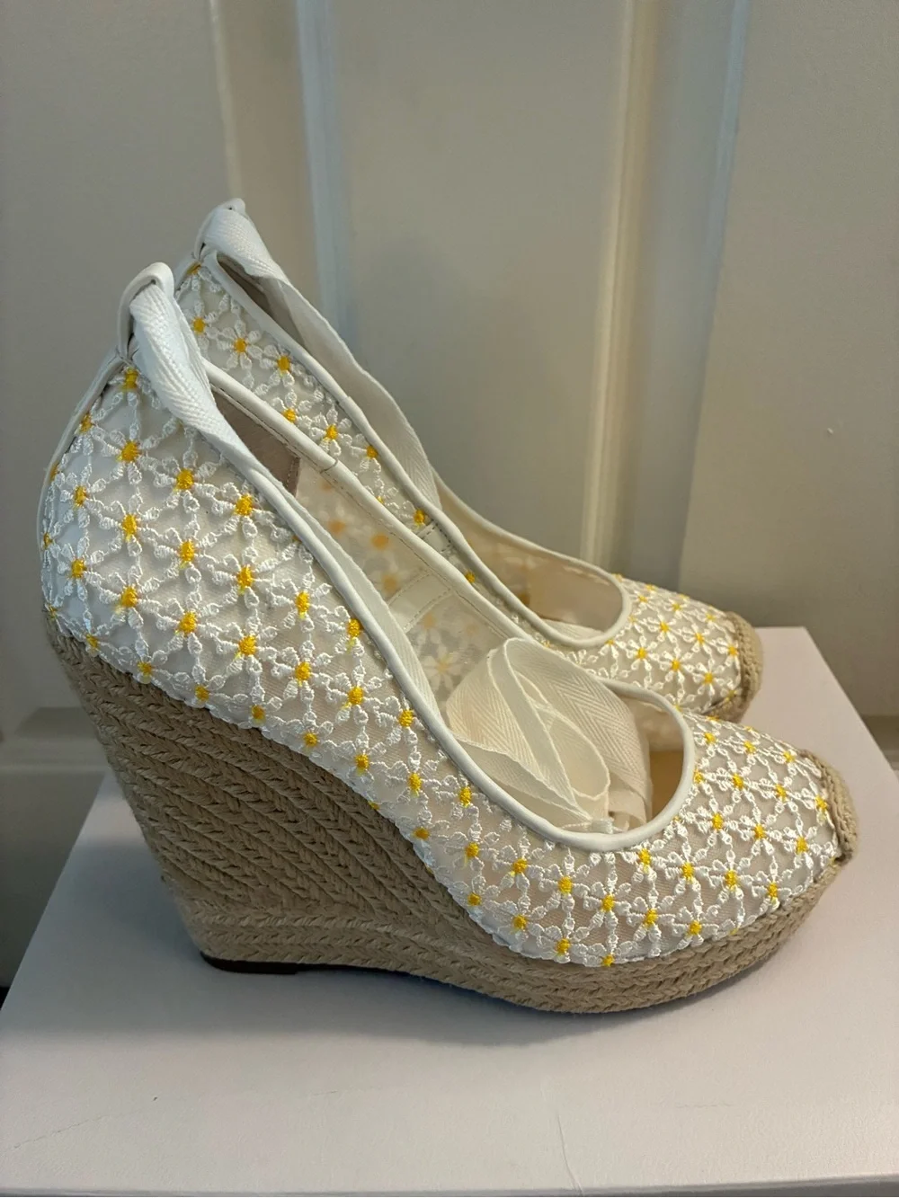 Jessica Simpson White Espadrille Wedges with Yellow Floral Embroidery